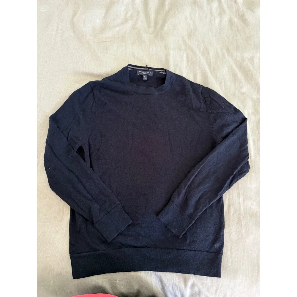 Banana Republic 100% Merino Wool Dark Navy Crewneck Sweater Men's M Quiet Luxury